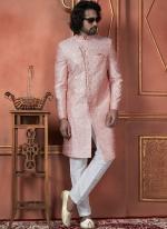 Silk Pink Wedding Wear Computer Thread Readymade Sherwani Set